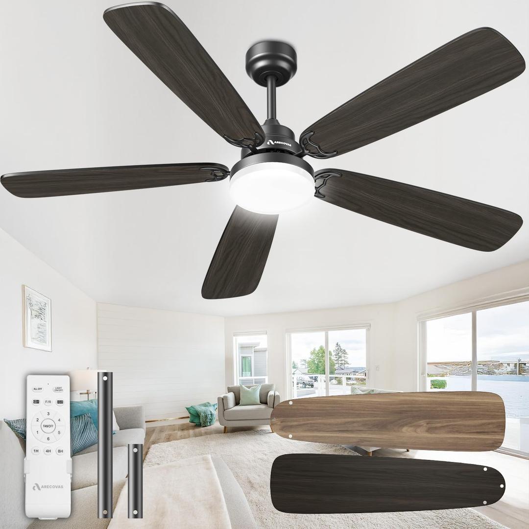 Ceiling Fans with Lights and Remote, 52 Inch Modern Ceiling Fan with Light, Downrod & Flush Mount, Quiet DC Motor, Dual Finish 5 Blades Ceiling Fan for Bedroom Living Room Farmhouse Indoor (52 Inch Ceiling Fan, Black and Lighter Wood Blades)