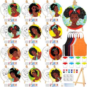 Supervitae 96 Pcs Pre Drawn Canvas Kit for Painting Adults Sip and Paint Kit 5.9 Inch Round Pre Printed Canvas Painting for DIY Birthday Gifts Adult Date Party Favor