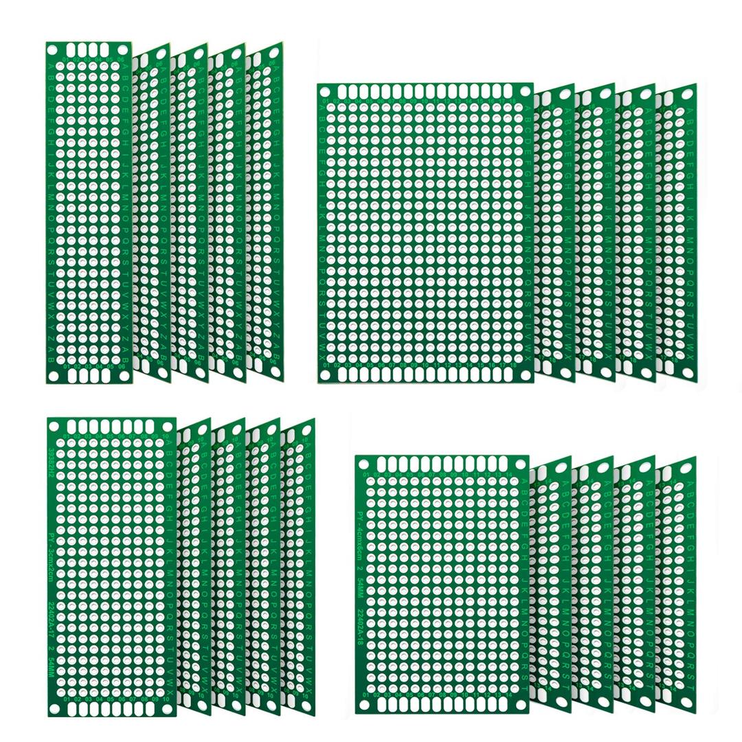 Chanzon 20 Pcs Double Sided PCB Board (4 Sizes - 2X8 3X7 4X6 5X7) Tinned Through Holes FR4 Prototype Kit Printed Circuit Universal Perfboard for DIY Soldering Project Compatible with Arduino Kits