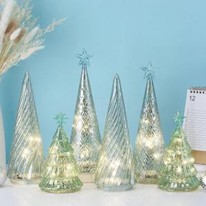 Set of 6 Illuminated Mercury Glass Christmas Tree Tabletop Tree Figurines with LED Lights Battery Operated Lighted Christmas Table Centerpieces for Indoor Fireplace Mantel Decorations(Modern)