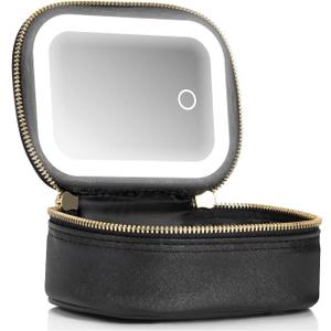 Mini Makeup Bag with Led Mirror, Small Travel Make up Bag 3 Light Modes Adjustable Brightness, for Women Organizer Cosmetic Bag, Portable Travel Train Toiletry Bag, for Pool Parties Work Touch-Ups (Black)