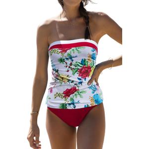 Beachsissi Bandeau Swimsuits for Women Strapless Swimwear Bathing Suits Tummy Control Color Block Tankini Sets (X-Large, White)