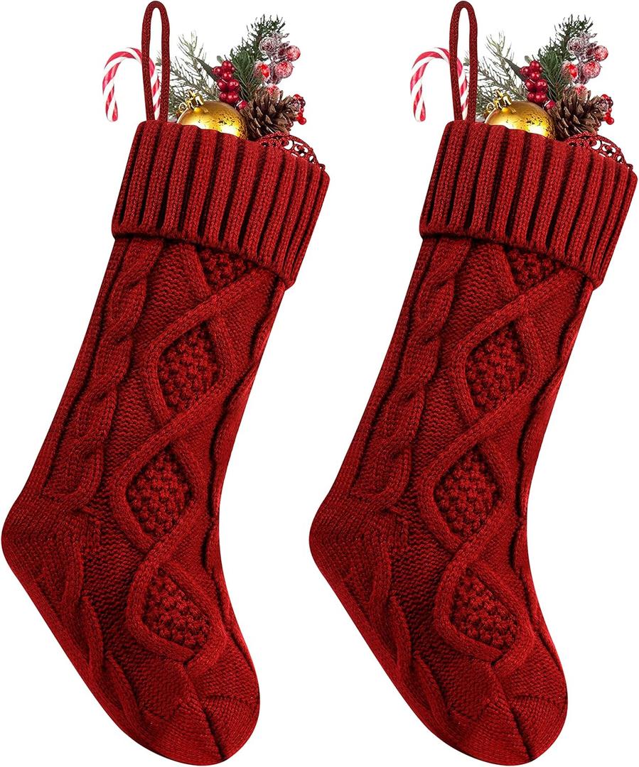 Fesciory Christmas Stockings, 2 Pack 18 Inches Cable Knitted Large Size Stocking Gifts & Decorations for Family Holiday Xmas Party (Red 18in) (Burgundy)