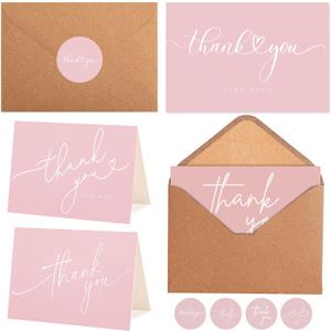 100 Bulk Pink Thank You Cards with Kraft Envelopes and stickers - 4 Minimalistic Designs Blank Thank You Notes with Envelopes for business Wedding Bridal Gift Baby Shower Business Graduation
