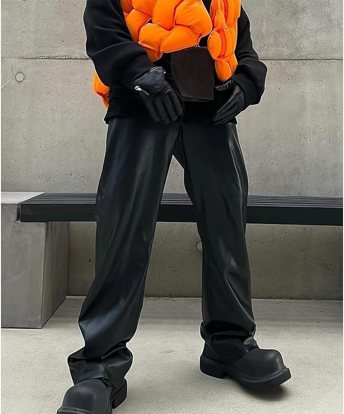 Mens Faux Leather Pants Vintage Casual Straight Wide Leg Motorcycle Biker Pants Baggy Hip Hop Trousers Streetwear L