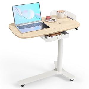 WALKINGDESK Rolling Desk Adjustable Height with Drawer and Wheels, Portable Small Standing Desk Pneumatic for Home Office, Mobile Computer Laptop Desk Cart, Medical Sofa Overbed Table, Oak