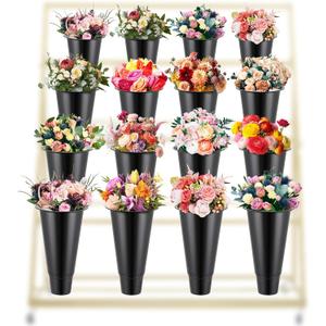 16 Pcs 14.5 Inch Tall Plastic Flower Buckets Bulk Floral Buckets for Cut Flower Tall Vase for Wake up Flowers Indoor Outdoor Home Wedding Display Florist Supplies(Black)