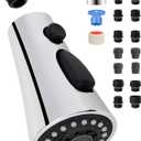 Universal Kitchen Faucet Head Replacement with 15 Adapter Kit Compatible with Kohler/Moen/Delta Faucet, 3 Function Pull Down Sink Faucet Spray Head, Chrome