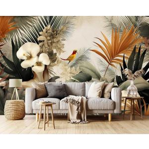 Flower Series Mural Colorful Leaves Seamless Wall Mural, Birds Resting on Flowers Wallpaper for Bedroom, Living Room, Bathroom Background Wall DecorationNon-self-Adhesive (127" x 77")