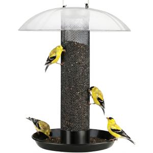 Kingsyard Finch Bird Feeder for Outdoors Hanging, Metal Mesh Tube Bird Feeders for Thistle & Nyjer Seed, Large Removable Tray & Rainproof Dome, 2.5 lbs Seed Capacity, Black