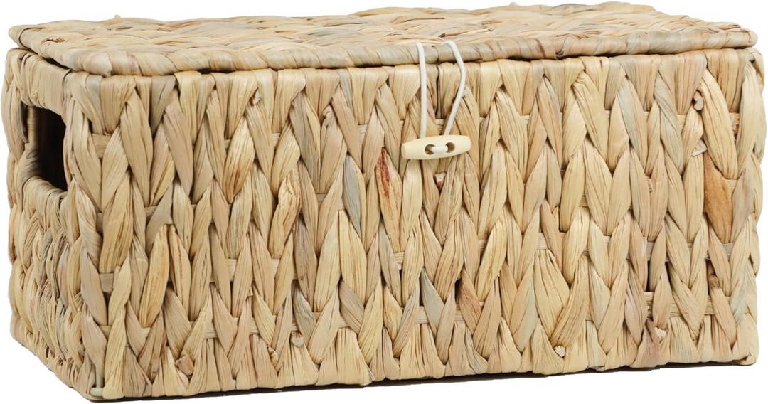 Water Hyacinth Baskets for Organizing, Rectangular Wicker Basket with Lid, Storage Baskets Bins with Builtin Handles for Shelf, Decorative Woven Basket Boxes for Storage Home Organizer Decor