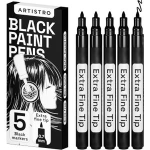 ARTISTRO Black Paint Pens for Rock Painting, Stone, Ceramic, Glass, Wood, Tire, Fabric, Metal, Canvas. Set of 5 Water Based Black Markers for Acrylic Painting Extra Fine Point Tip