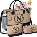 Personalized Gifts for Women Tote Bag, Initial Jute Tote Bag & Makeup Bags Monogrammed Beach Bag w/ Zipper, Mothers Day Birthday Gifts for Women Her Friends Mom Daughter Sister Grandma Teacher Nurse, Large