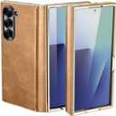 Leather Phone Case for Samsung Galaxy Z Fold 7, Military-Grade Drop-Proof, with Screen Protection, Shell and Film Integrated, Ultra-Durable Case for Galaxy Z Fold 7 Case,Brown Gold