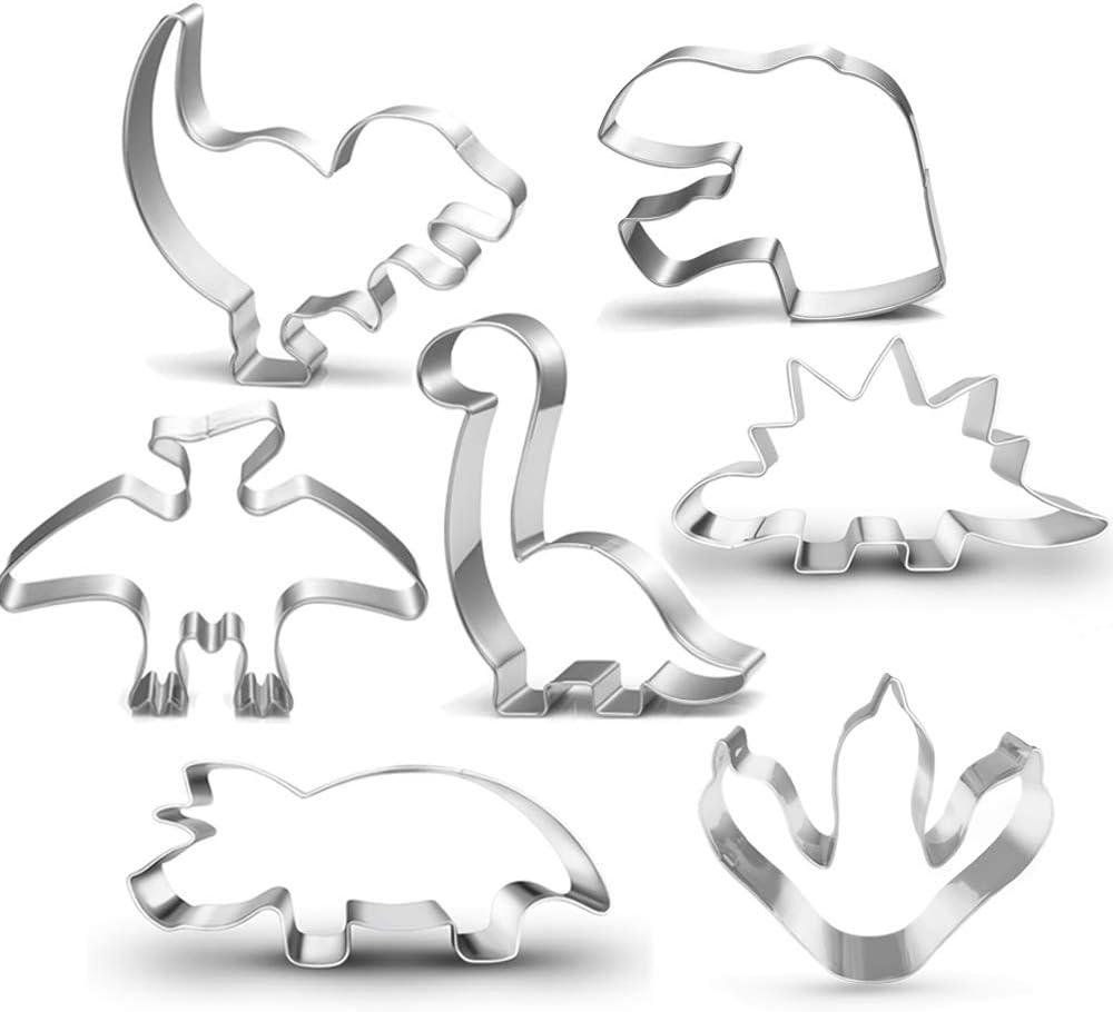 New Dinosaur Cookie Cutter Set-7 Piece-Footprint and Head, Tyrannosaurus(T-Rex), Brontosaurs, Spinosaurus, Triceratops, Pterodactyl, Baking Mold for Kids Dinosaur Birthday Party