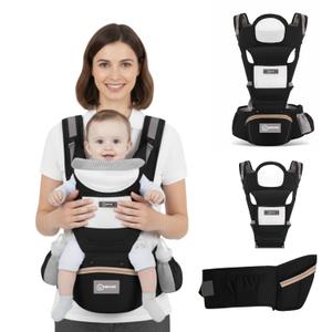Adjustable Baby Hip Carrier with Detachable Hip Seat and Head Support, 6 in 1 Toddler Carrier M-Shape Ergonomic Baby Carrier Newborn to Toddler, Adjustable Shoulder Straps, Big Storage Pocket - Black