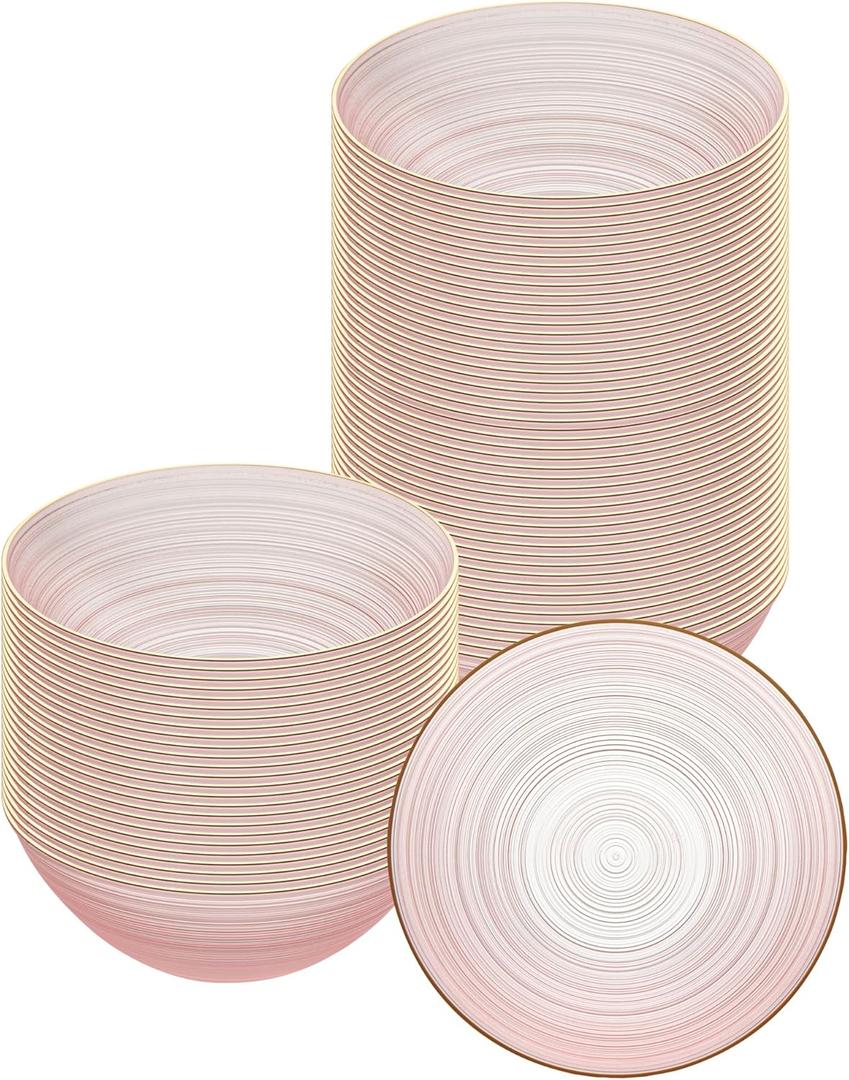 Restaurantware Plastic Bowls 20 Pcs 16 oz Gold Rimmed Disposable Soup Bowls Heavy-Duty Pink Translucent Rippled Dinnerware Containers for Party, Desserts, Salads, Snacks and Catering