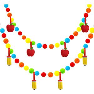 Back to School Party Banner Decorations, 2 Pieces Frist Day of School Pastel Pom Pom Garland with Apple Pencil, End of School Year School Classroom Decor, Preschool Graduation Decorations