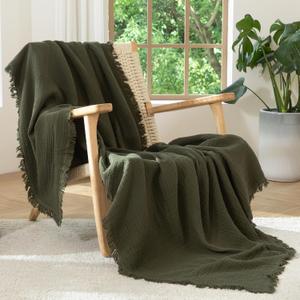 MooMee Muslin Blanket - 100% Cotton 4-Layer Gauze Throw Blanket with All-Around Fringe, Soft Breathable Lightweight Cooling Summer Blankets for Bed Couch (Olive Green,Throw XL 50" x 70")
