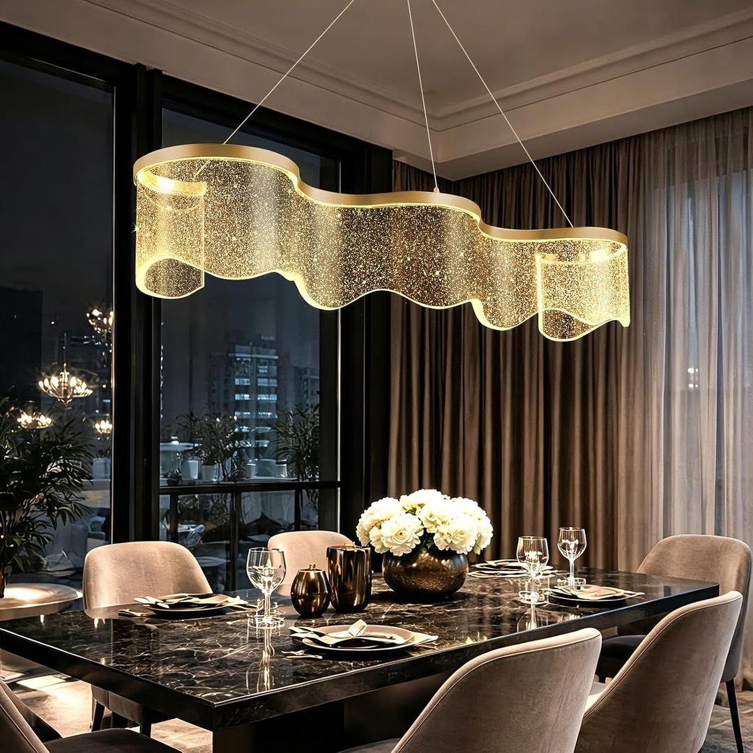 Modern LED Chandelier, Wave-Shaped Pendant Light with Gold Frame and Starry Acrylic Shade, Dimmable Ceiling Light Fixture for Dining Room, Kitchen Island, Living Room, Bedroom, Wavy