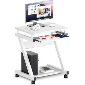 sogesfurniture Mobile Compact Computer Desk Cart for Small Spaces, Portable Computer Desk, Small Rolling Work Workstation for Home and Office with Printer Shelf, Keyboard Drawers,White