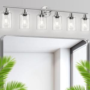6-Light Nickel Bathroom Vanity Lights, E26 Modern Bathroom Light Fixtures with Clear Glass Shade, Wall Lamps for Mirror Hallway Kitchen Cabinet Living Room Sconces Lights