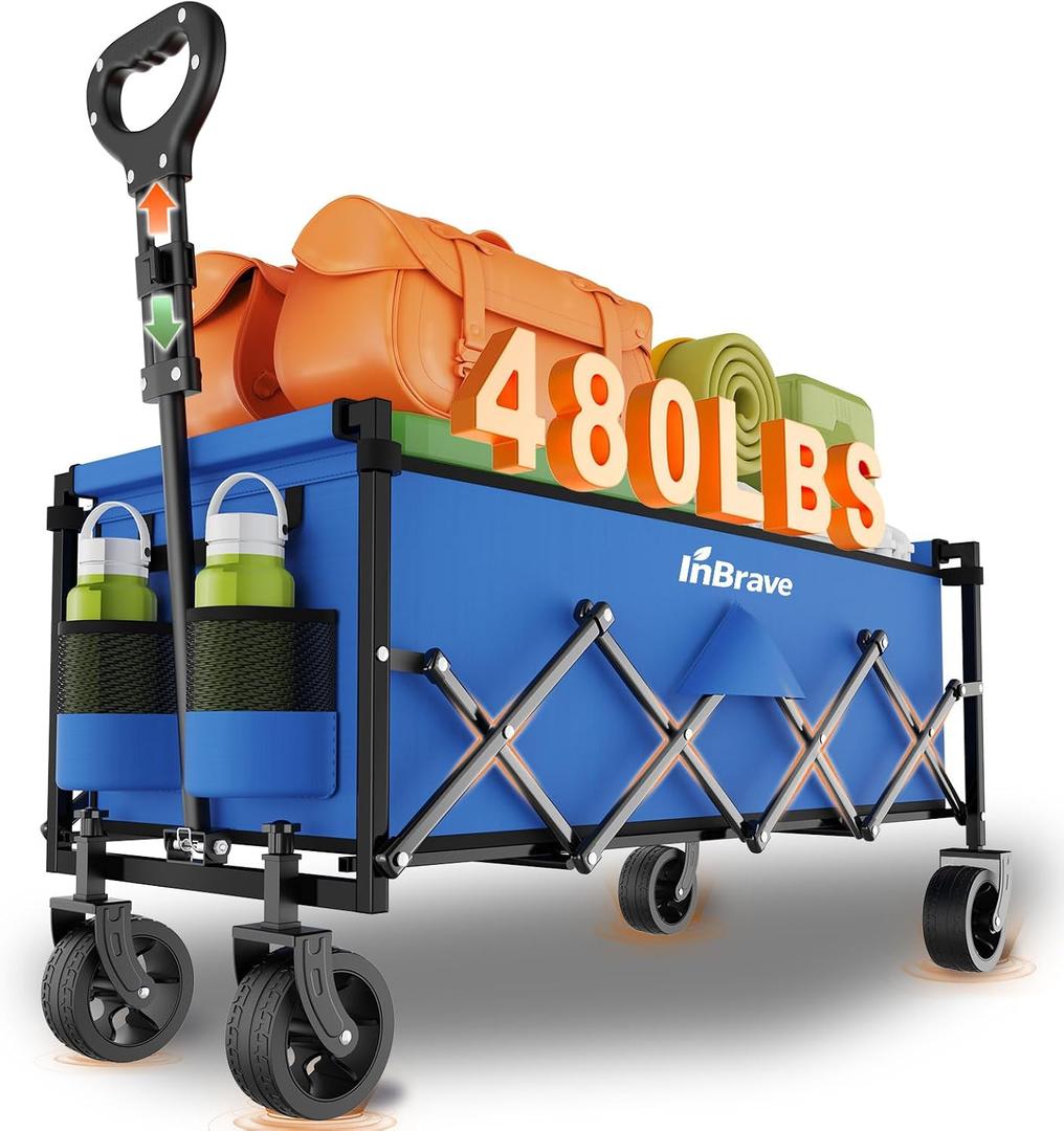 Extra Long Collapsible Wagon Cart, 480LBS Heavy Duty Utility Wagons with All-Terrain Wheels, Foldable Grocery Carts for Gardening, Shopping, Beach, Camping, Royal Blue
