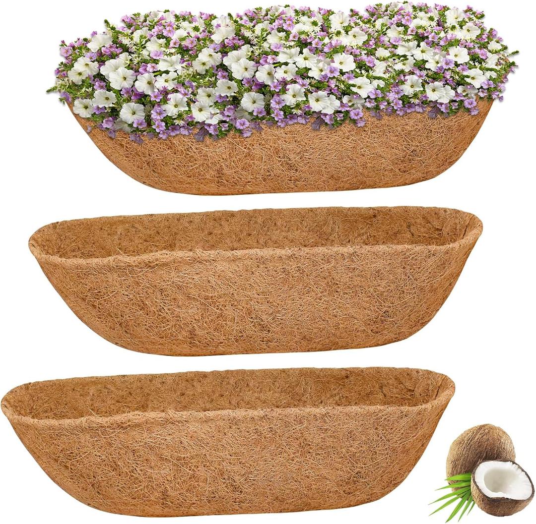 Halatool 3 Pack 24 Inch Trough Coconut Liners for Planters Natural Coco Fiber Replacement Liners for Window Box Fence Railing Wall Windowsill Planter