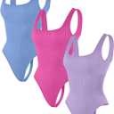 HEGALY Thong Bodysuits for Women 3 Piece Sexy Ribbed Seamless Tummy Control Shapewear Sleeveless Square Neck Tank Top (M)