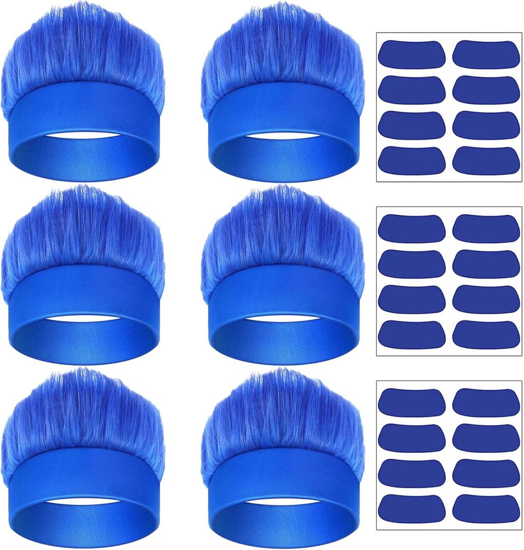 6 Pcs Hairy Headbands Trolls Flowy Crazy Hair & Stickers - Spirit Week Accessory Sports Cheering Headwear Costume Props (Blue) (Blue)