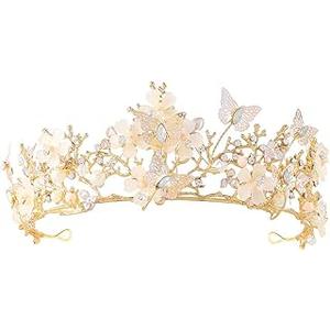 Haomye Gold Wedding Crowns Butterfly Crowns Flower Crown and Tiaras Hair Jewelry Bridal Hair Accessories for Women and Girls