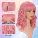 VCKOVCKO 14Inches Loose Wave Bob Wig Wavy Pink Bob Wig with Air Bang Curly Hair Wigs Synthetic Cosplay Party Wigs for Women (14Inches,Solid Pink)