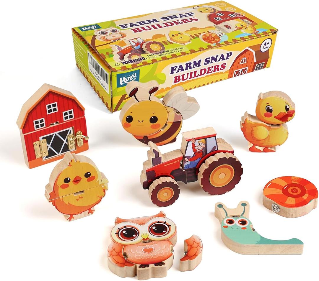 HUZU Farm Snap Wooden Blocks  Montessori Building Toy for Toddler Kids, Moving Wheels Tractor, Lockable Door Barn, Mix & Match Farm Animals Duck Bee Owl Chick Snail, Stocking Stuffers for Grandkids
