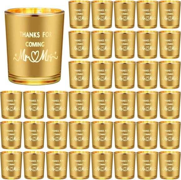 Hushee 48 Set Gold Wedding Candle Holders Bulk Mr Mrs Votive Candle Holders Thanks for Coming Glass Candle Holder Bulk Wedding Tealight Candle Jars for Wedding Party Bridal Shower Home Table Decor