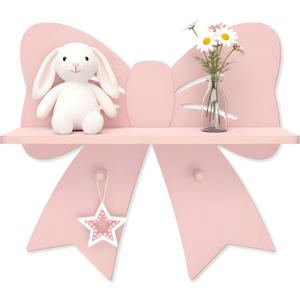 Bow Shaped Floating Shelf with Hooks, Pink Wooden Wall Decor for Girls Room | Wooden bow shelf for trinkets, jewelry, hair bows and accessories; pink wall organizer for girls bedroom and vanity decor