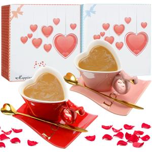 Shellwei 2 Sets Valentine's Day Heart Ceramic Coffee Mug with Spoons and Saucers 5.1 oz Heart Shaped Tea Cup Red Pink Ceramic Coffee Cup Valentine's Day Gifts for Couple Lovers Wedding