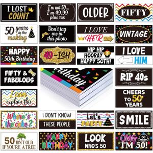 Beeveer 24 Designs 50th Birthday Photo Booth Props Double Sided 11x5.5 Inch Photo Booth Props 50th Bday Parties Decorations Pink Gold DIY Waterproof Selfie Signs PVC Printing 50th Party Favor Supplies