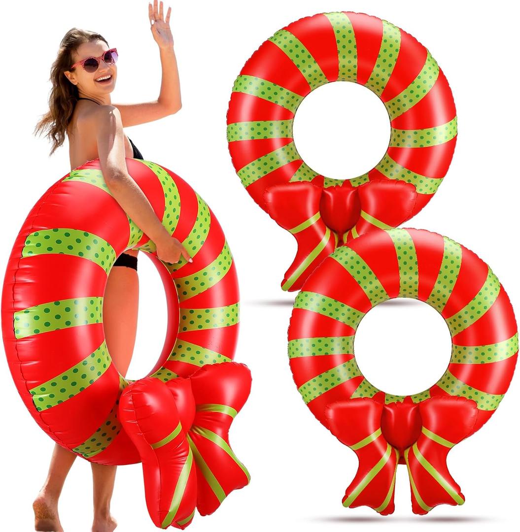 2 Pack Christmas in July Pool Floats Wreath Inflatable Pool Floats Swim Tube Rings Toys for Summer Vacation Lake Swimming Beach Party Decorations Supplies(43 Inches)