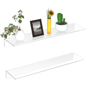 FEMELI 2 PCS 24" Acrylic Floating Shelves, Clear Shelf for Display, Plant, Perfume, Book in Bedroom Living Room Office, 5mm Thick Wall-Mounted Acrylic Shelves for Wall