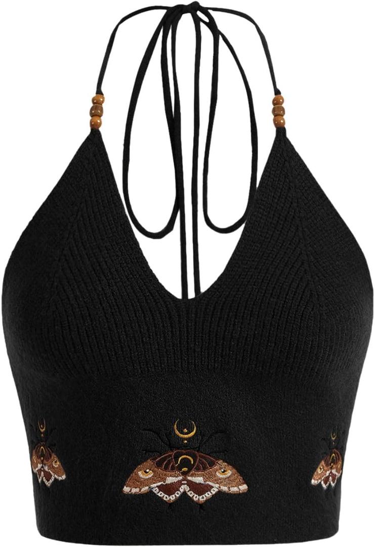 Verdusa Women's Y2k Halter Tops Gothic Clothes Summer Going Out Tops Crochet Cami Tie Boho Cowgirl Outfits (Large, Black)