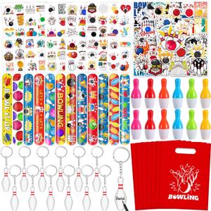 110 Pcs Bowling Party Favors, Bowling Party Favors Bags Temporary Tattoos Slap Bracelets Keychains Stickers Ballpoint Pen for Bowling Birthday Party Decorations Gifts for Kids Classroom Rewards