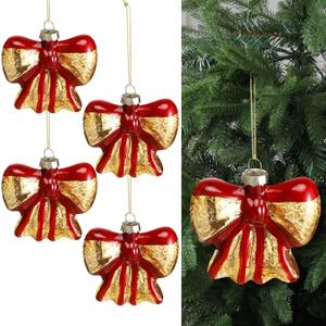 4 Pcs Burgundy Red Gold Bow Ornaments Vintage Glass Bow Christmas Ball Ornaments 3.14 x 3.26 in 3D Glitter for Christmas Tree Decorations Xmas Hanging Wedding Party Indoor Garland Wreath Decor