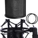 Microphone Shock Mount with Pop Filter, Mic Anti-Vibration Suspension Shock Mount Holder Clip for Diameter 46mm-51mm Microphone (Black)