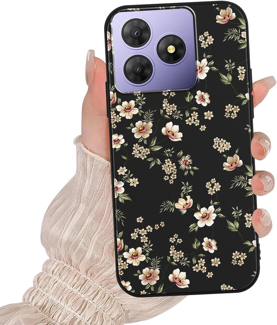 Cute Floral Phone Case for OSCAL Flat 2 6.56",White Flower Print Cartoon Kawaii Pattern Aesthetic Design Cases Soft Silicone TPU Slim Shockproof Protective Bumper Black Phone Cover