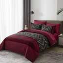 Luxudecor Burgundy Comforter Set King Size 7 Pieces Red and Black Stripe Bed in a Bag Geometric Comforter and Sheet Set, Soft Microfiber Complete Bedding Sets for All Seasons