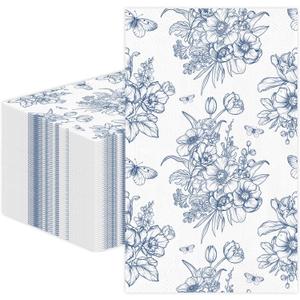 100 PCS Blue Floral Paper Napkins, Disposable Blue & White Flowers Bathroom Guest Hand Towels Decoupage Dinner Napkins Decorative for Kitchen Wedding Birthday Bridal & Baby Shower Party Decoration