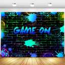 Withu Neon Game On Backdrop Glow Gamepad Brick Wall Video Games Level Up Gaming Party Decorations Banner Gamer Birthday Gamer Night Banner 7x5ft, Blue