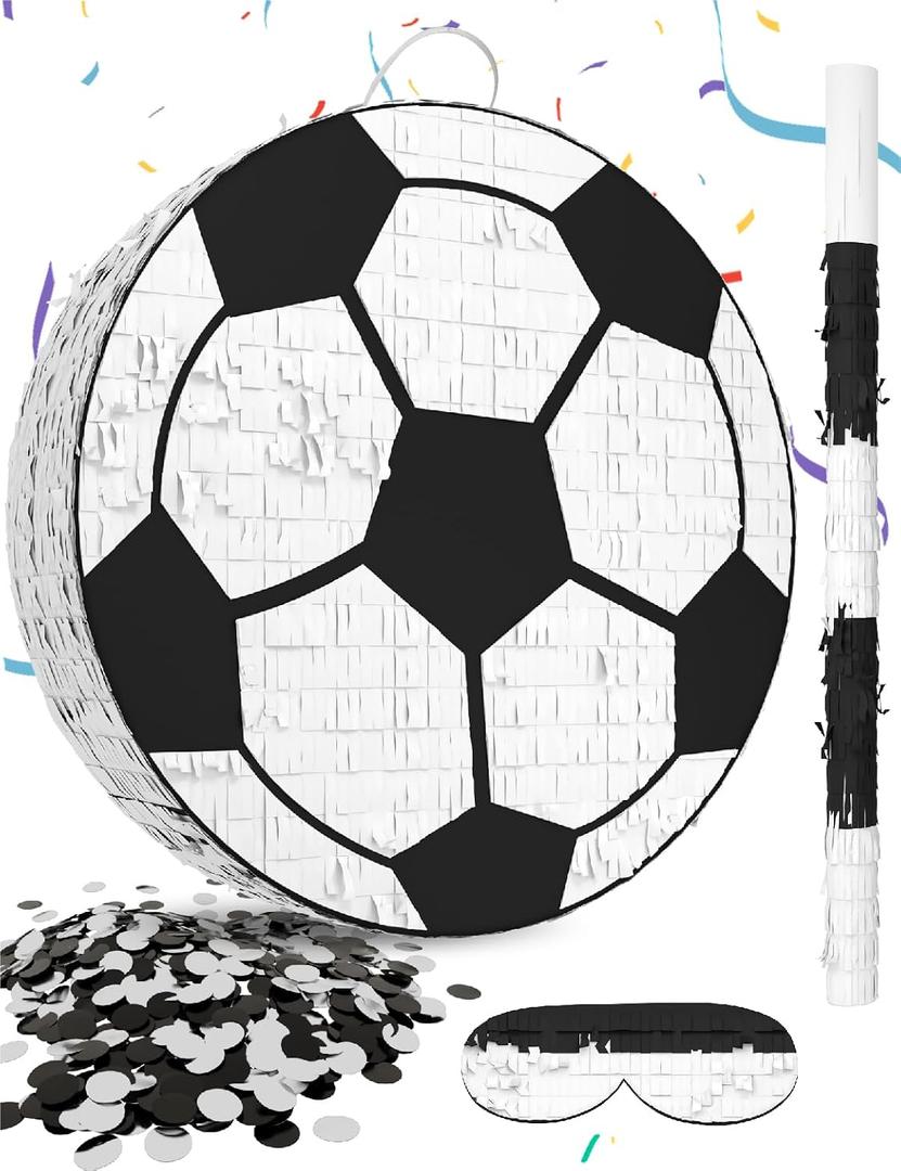 Soccer Piata  Includes Wooden Stick, Blindfold, and Confetti  13"x13"x3"  Perfect for Sports Party Decorations and Soccer Pinatas for Birthday Party