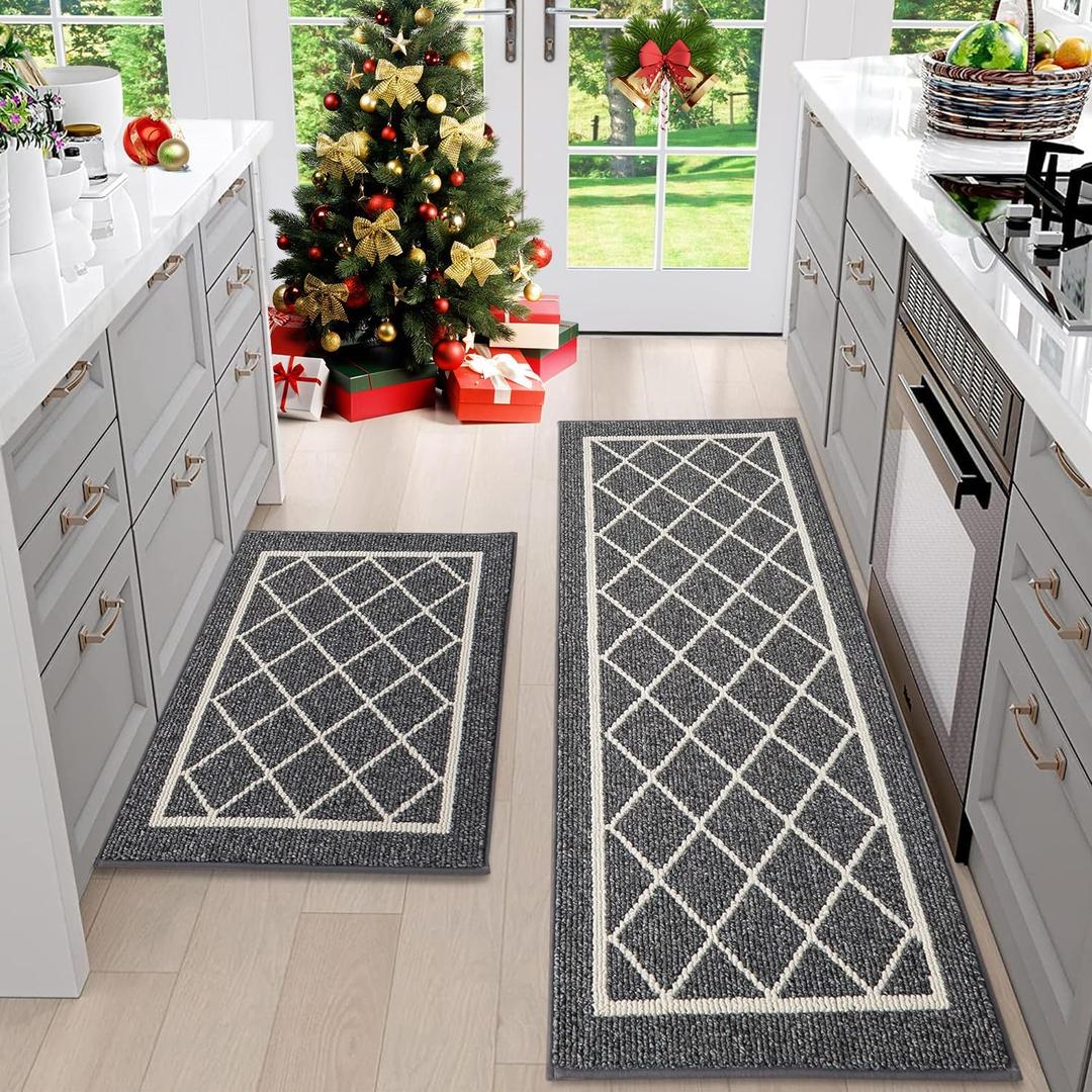 BEQHAUSE-Kitchen-Rugs-Non-Slip-Kitchen-Mats-for-Floor Machine Washable Kitchen Rugs 2 Pieces Grey Kitchen Runner Carpet with TPR Backing 20x30inch/20x48inch