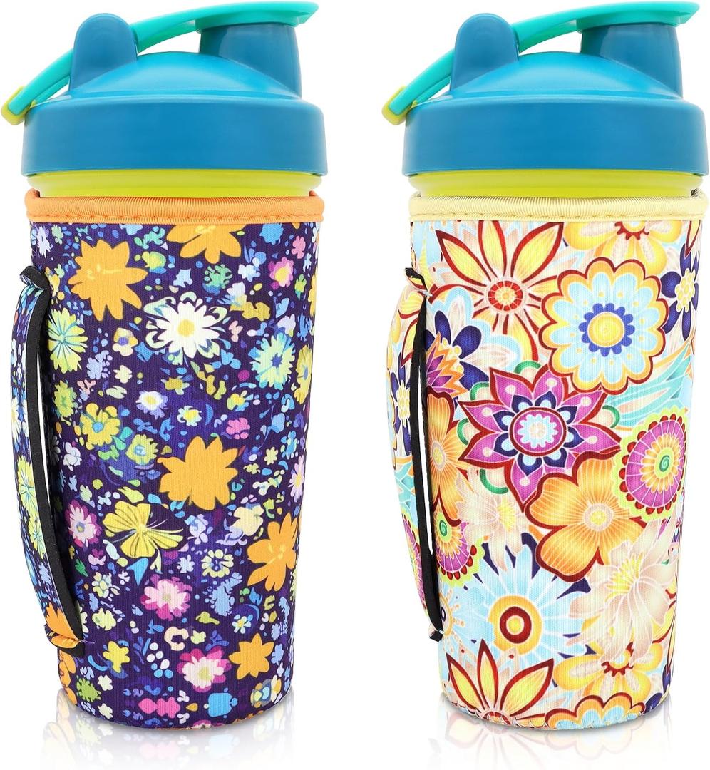2Pack Reusable Neoprene Insulator Water bottle holder Sleeves with Handle Compatible with 28 oz Blender Bottle, 20oz - 26oz Tumbler Cup(Flower Prints), Fits 28oz Blender